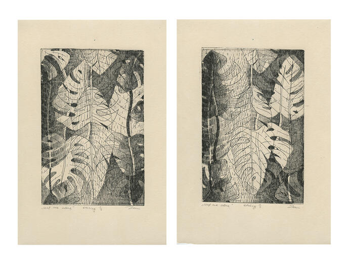 "Leaf me alone" series, etching, 2018